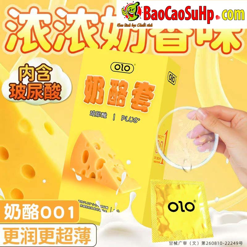 Bao cao su Olo 0.01mm sieu mong huong pho mai axit hyaluronic - Bao Cao Su OLO 0.01mm Siêu Mỏng Hương Phô Mai & Axit Hyaluronic: Sự Kết Hợp Giữa "Thực Phẩm" và "Dưỡng Da"