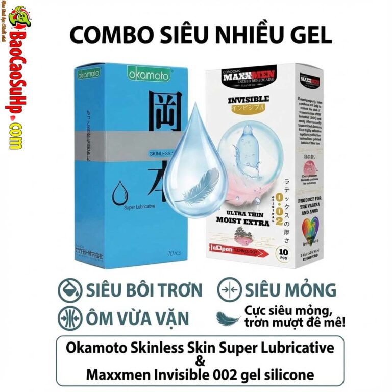 Combo bao cao su siêu nhiều gel trơn mượt cho chị em khô hạn Okamoto Skinless Skin Super Lubricative và Maxxmen Invisible 002 gel silicone