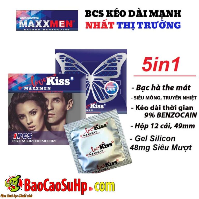 Bao cao su Lovekiss Maxman 5in1 siêu mỏng 0.03mm Benzocaine kéo dài 9% Hộp 1c