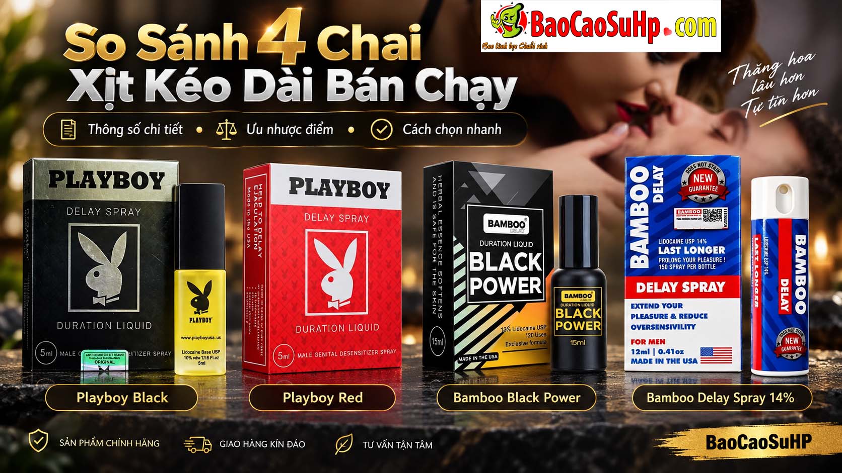 So sánh 4 chai xịt kéo dài Playboy Red, Playboy Black, Bamboo Black 13% và Bamboo xanh 14% năm 2026