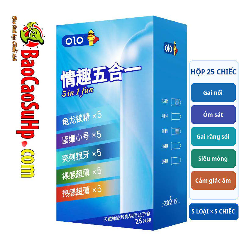 Hộp bao cao su OLO 5in1 FIVE 25 gồm 5 nhóm, tổng 25 chiếc