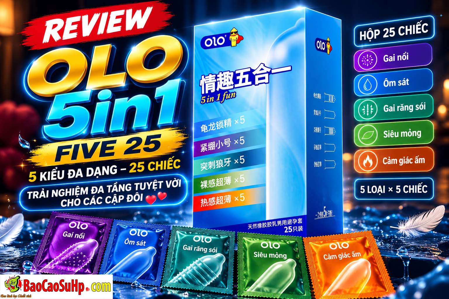 (Review) Bao cao su olo 5in1 FIVE 25 sự trải nghiệm đa tầng tuyệt vời cho các cặp đôi!!